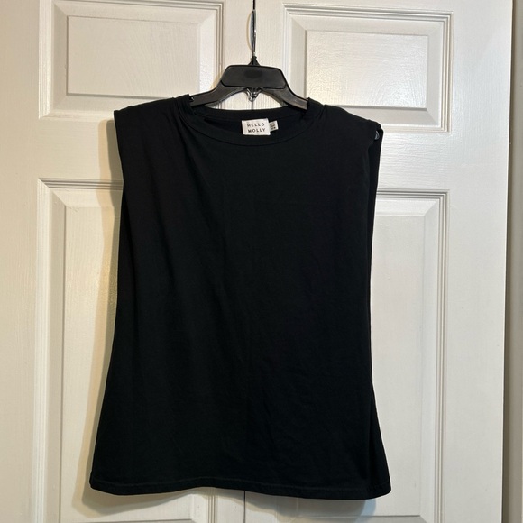 Hello Molly Tee Size 10 Black Cotton Poly Sleeveless T Shirt Top w/Shoulder Pads - Picture 1 of 9